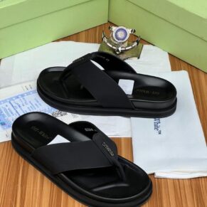 Off White Leather Flip-Flops Sandals(Black)