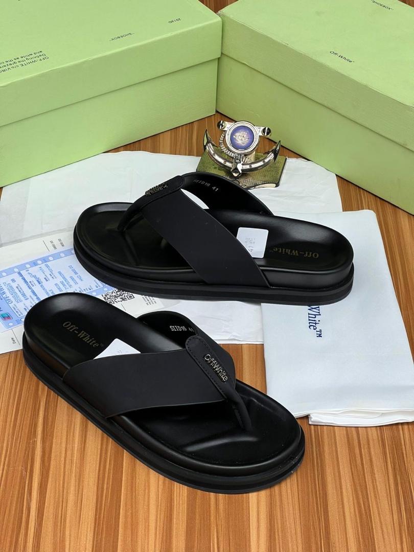 Off White Leather Flip-Flops Sandals(Black)