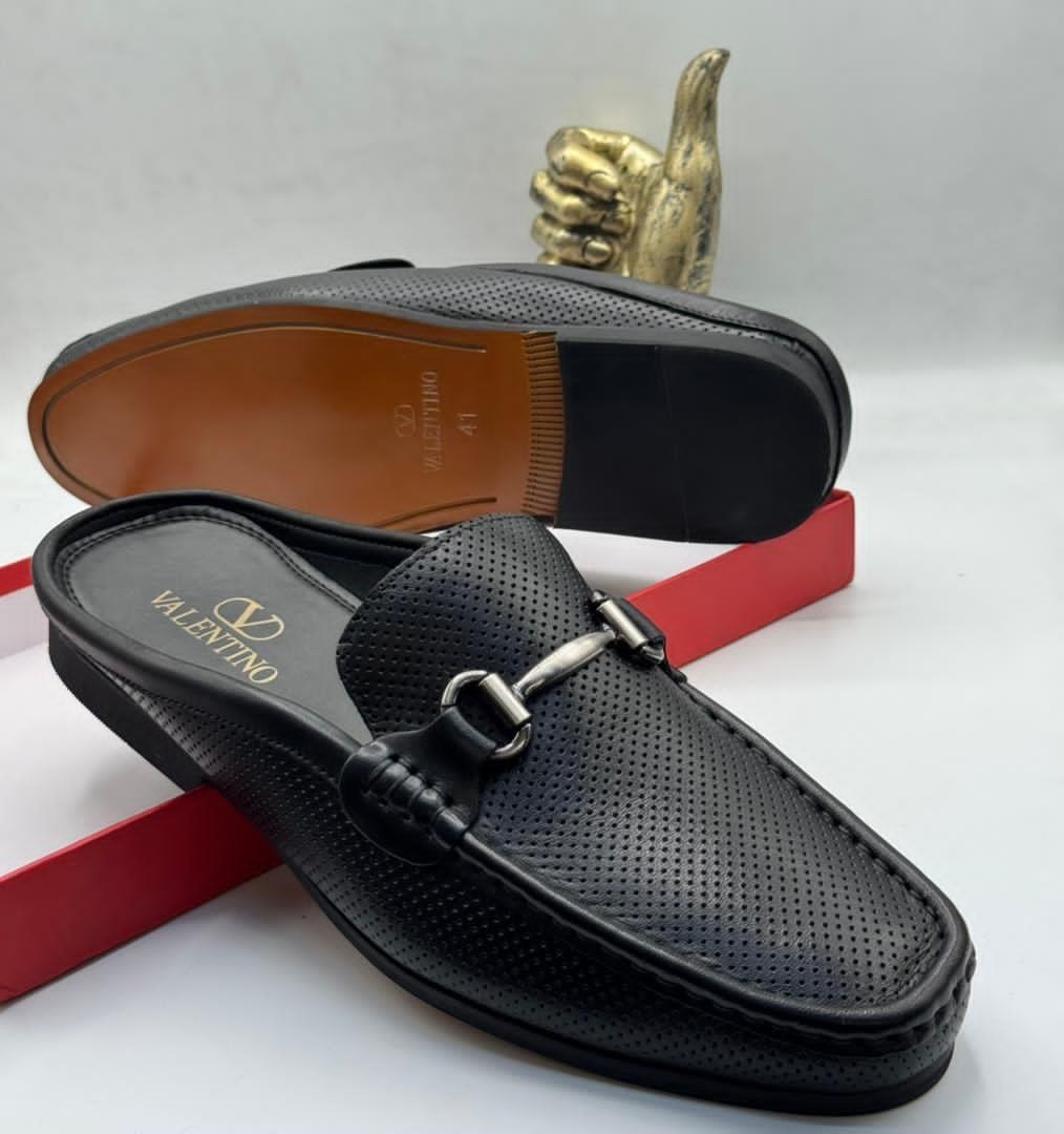 Valentino Black Perforated Leather Mule Half Loafers