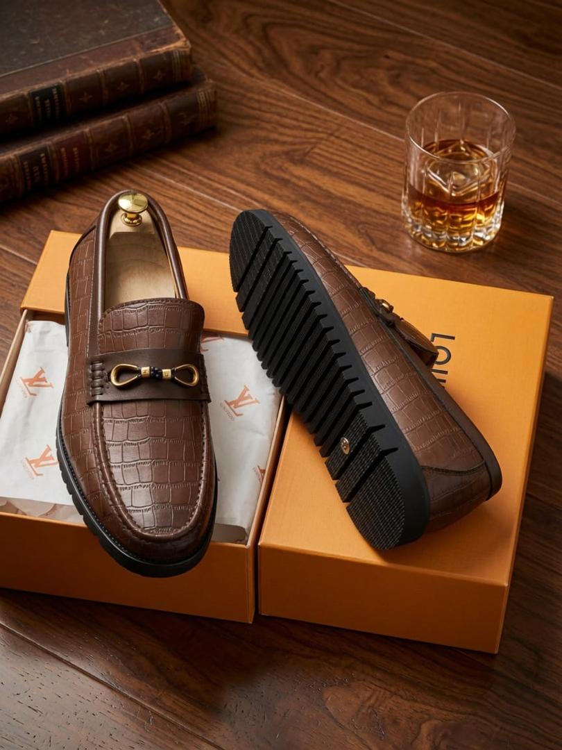 Men’s Crocodile-Embossed Leather Loafers with Gold Bit Accent