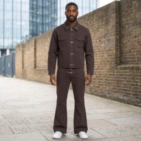 Embroidered Star Collar Denim Jacket & Flared Pants Two-Piece Set – Dark Brown