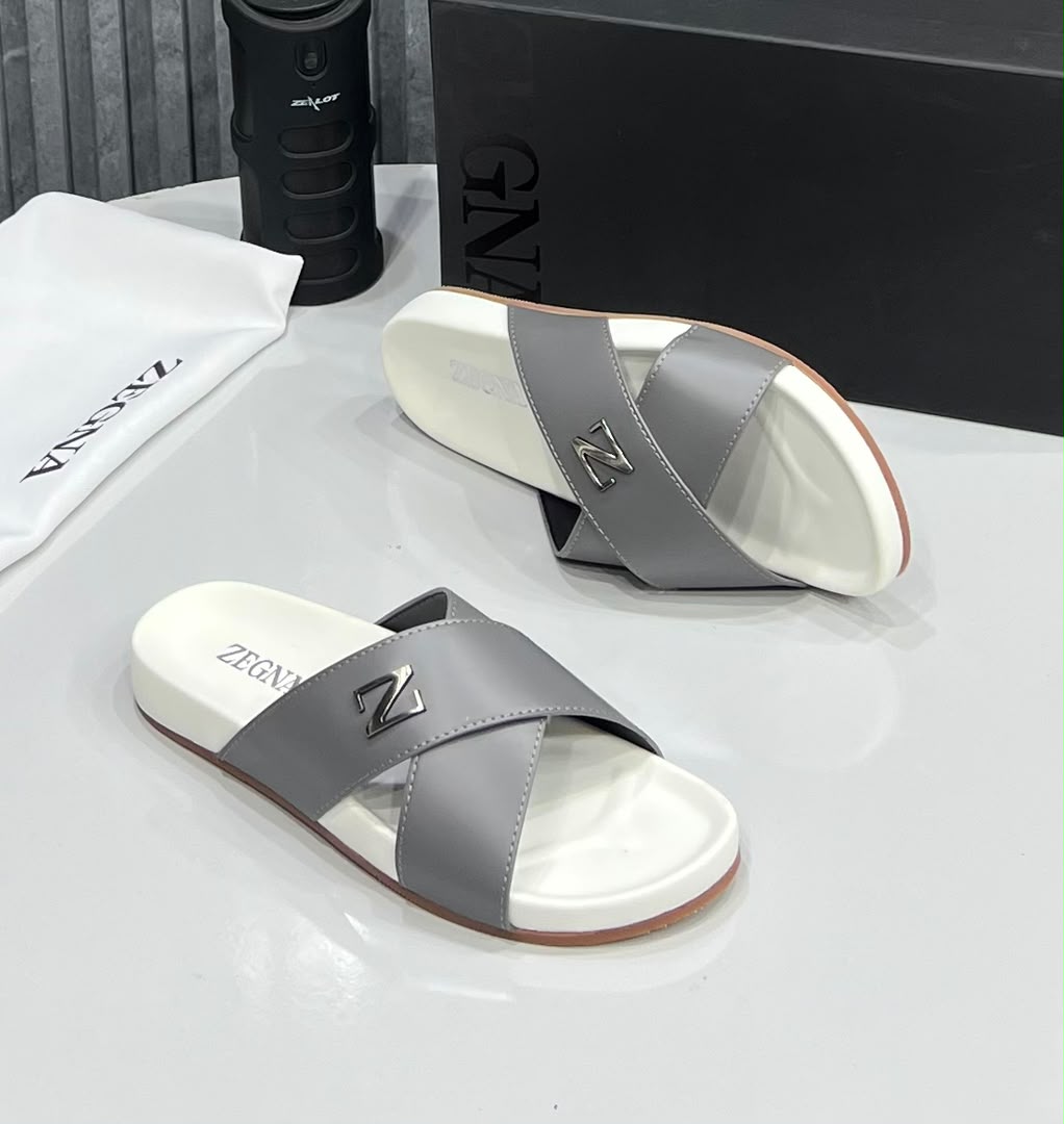Zegna Criss-Cross Leather Slides (Grey / White)