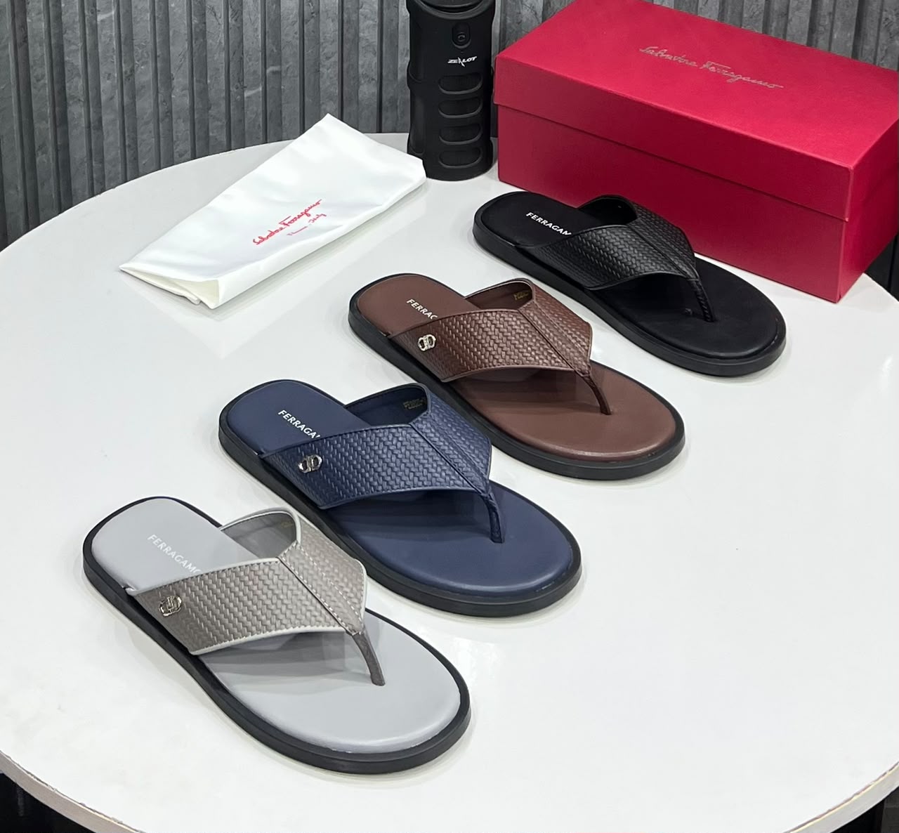 Woven Leather Thong Sandals (Grey, Navy, Brown, Black)