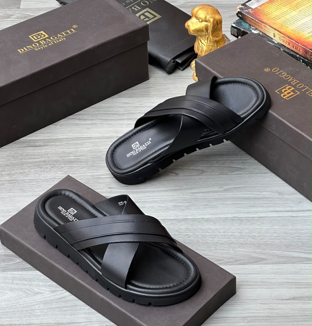 Dino Bagatti Leather Criss-Cross Slide Sandals – Matte Black