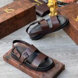 Double-Strap Buckled Leather Slingback Sandals – Mocha Brown